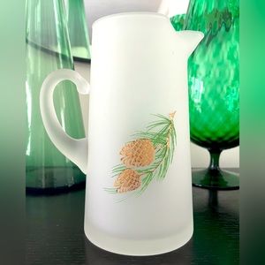 Vintage | Frosted Pitcher | Pine Cone + Pine Tree Applique Design